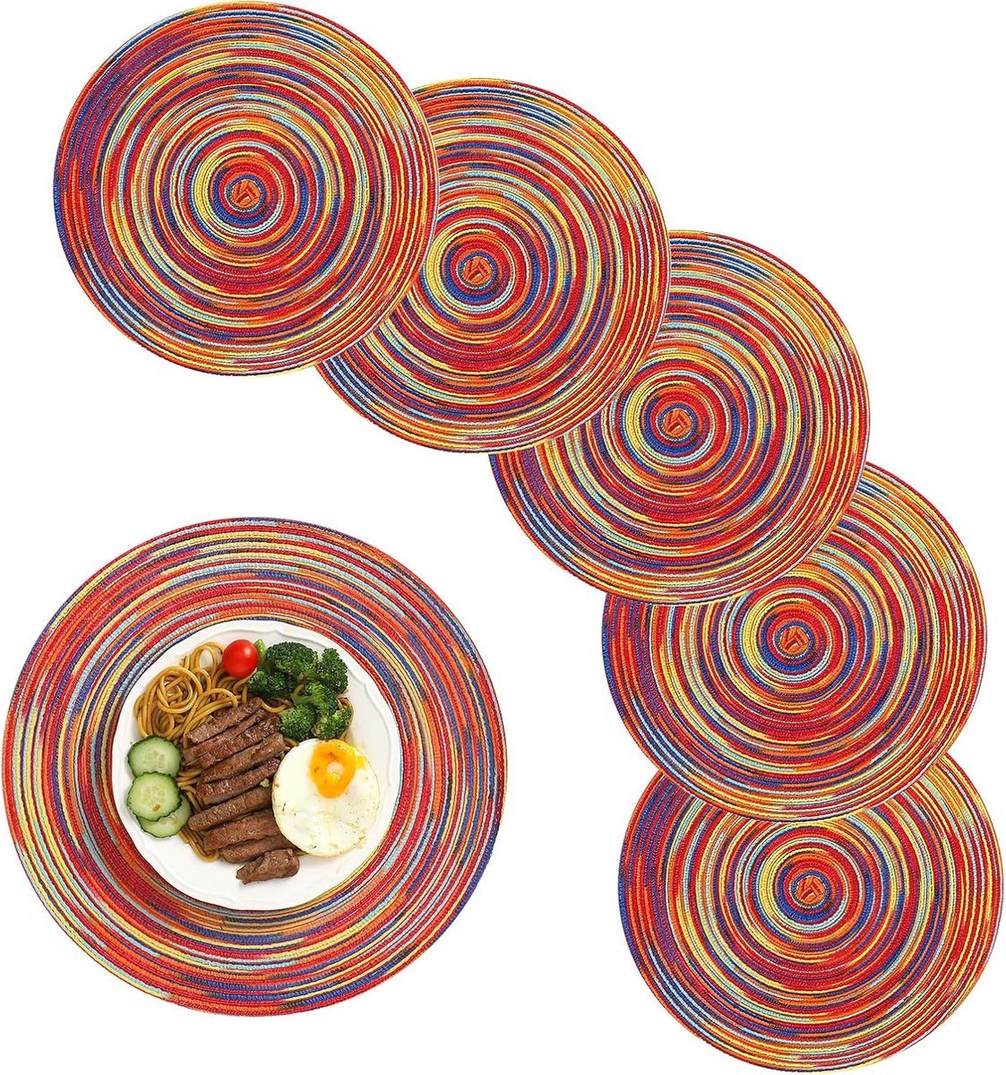 6 pieces - Table mats - Placemats - Round placemats - washable cotton placemats - round braided placemats - Round table mats - Woven placemats - Round placemats - rainbow - 38*38 cm - Image 1
