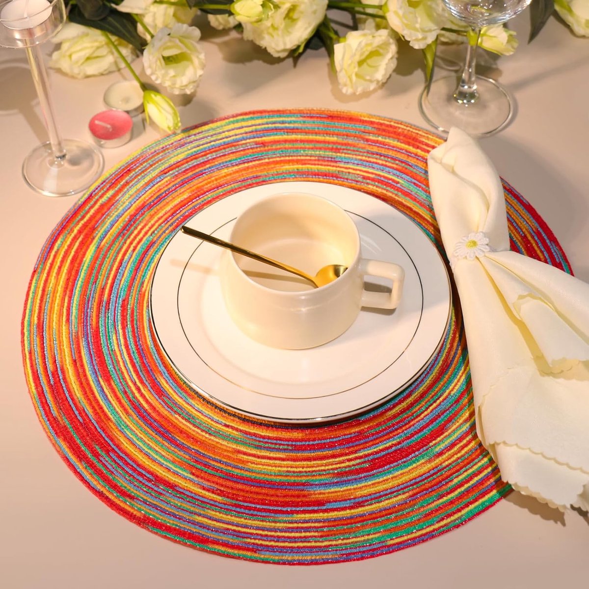 6 pieces - Table mats - Placemats - Round placemats - washable cotton placemats - round braided placemats - Round table mats - Woven placemats - Round placemats - rainbow - 38*38 cm - Image 4