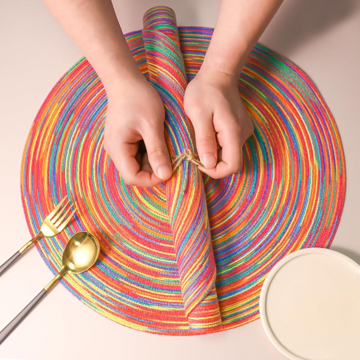 6 pieces - Table mats - Placemats - Round placemats - washable cotton placemats - round braided placemats - Round table mats - Woven placemats - Round placemats - rainbow - 38*38 cm - Image 5