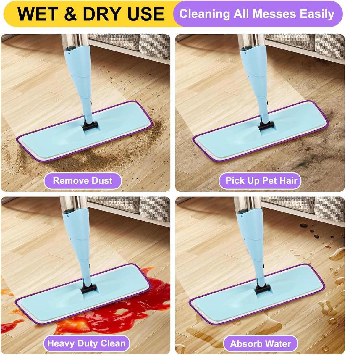 8 Pack 16.5 inch reusable mop pads Microfiber spray mop replacement heads - mop head replacement Suitable for wet/dry mopping compatible with Bona floor care system (4 colors of mops) - Image 6