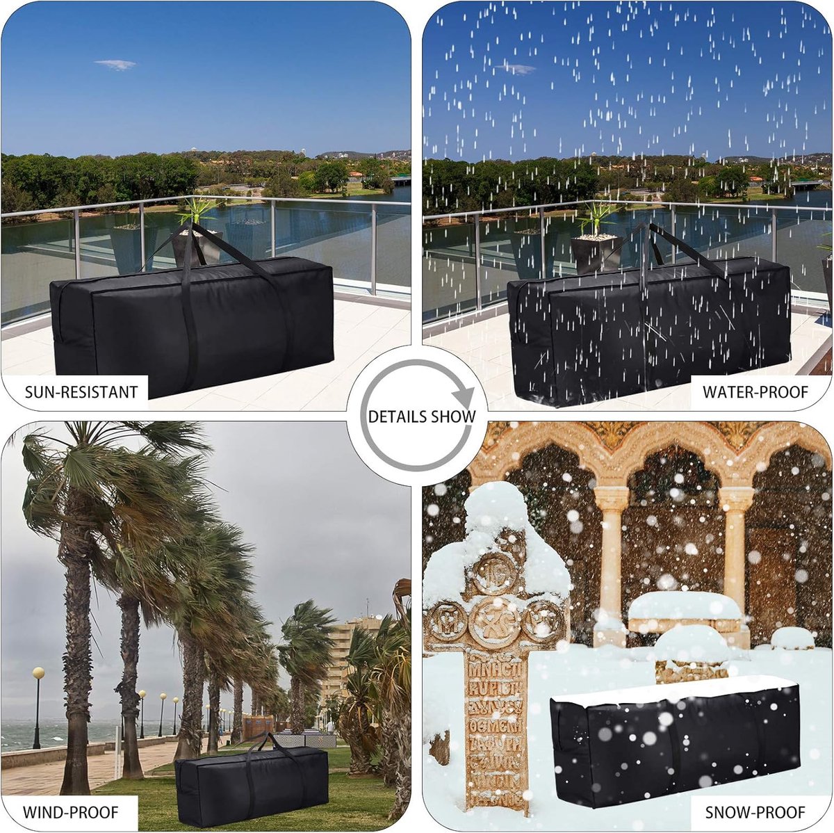 Storage bag for garden furniture cushions - 600D - waterproof - UV-resistant - portable storage bag - Dust cover - Garden Furniture Cushion Cover - for garden furniture with handles and zipper - 122x38x51cm - black - Image 4