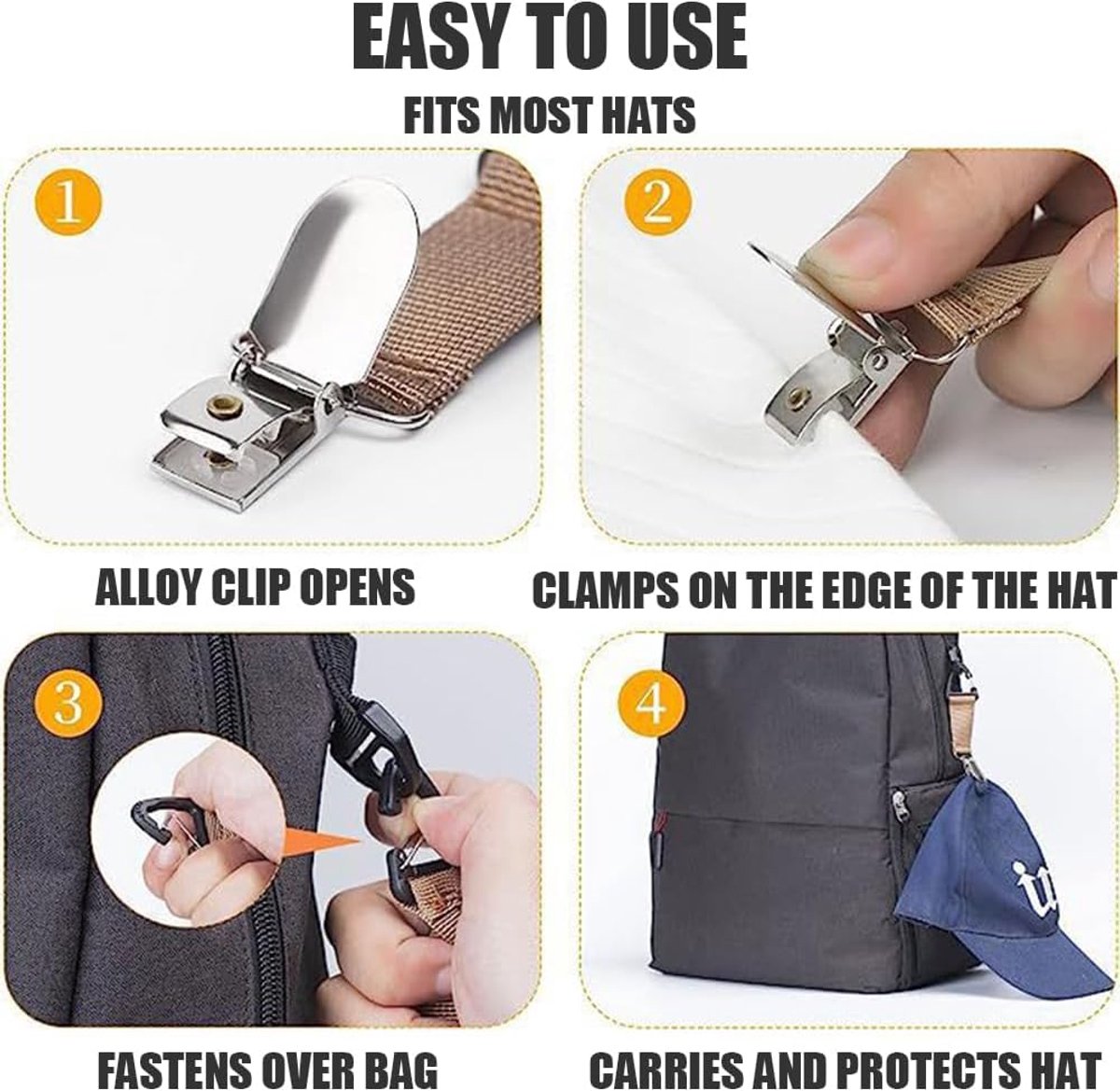 4 Travel Hat Clips - Dust Clips - Hands-Free Hat Holder - Outdoor Bag Accessories - Elastic Hat Clip - For Travel Bags, Backpacks, Wallets, Luggage Bags - Prevent Loss - Image 5