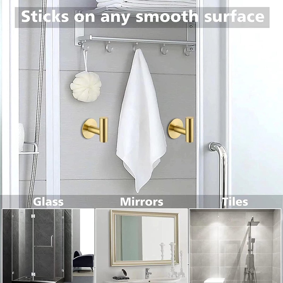 2-pack self-adhesive hooks - Door hooks - Clothes hooks - Bathroom hooks - Wall hooks - Towel hooks - Hook holders - No drilling required - Self-adhesive - SUS 304 - Suitable for home, office, bathroom and kitchen - Gold - Image 3