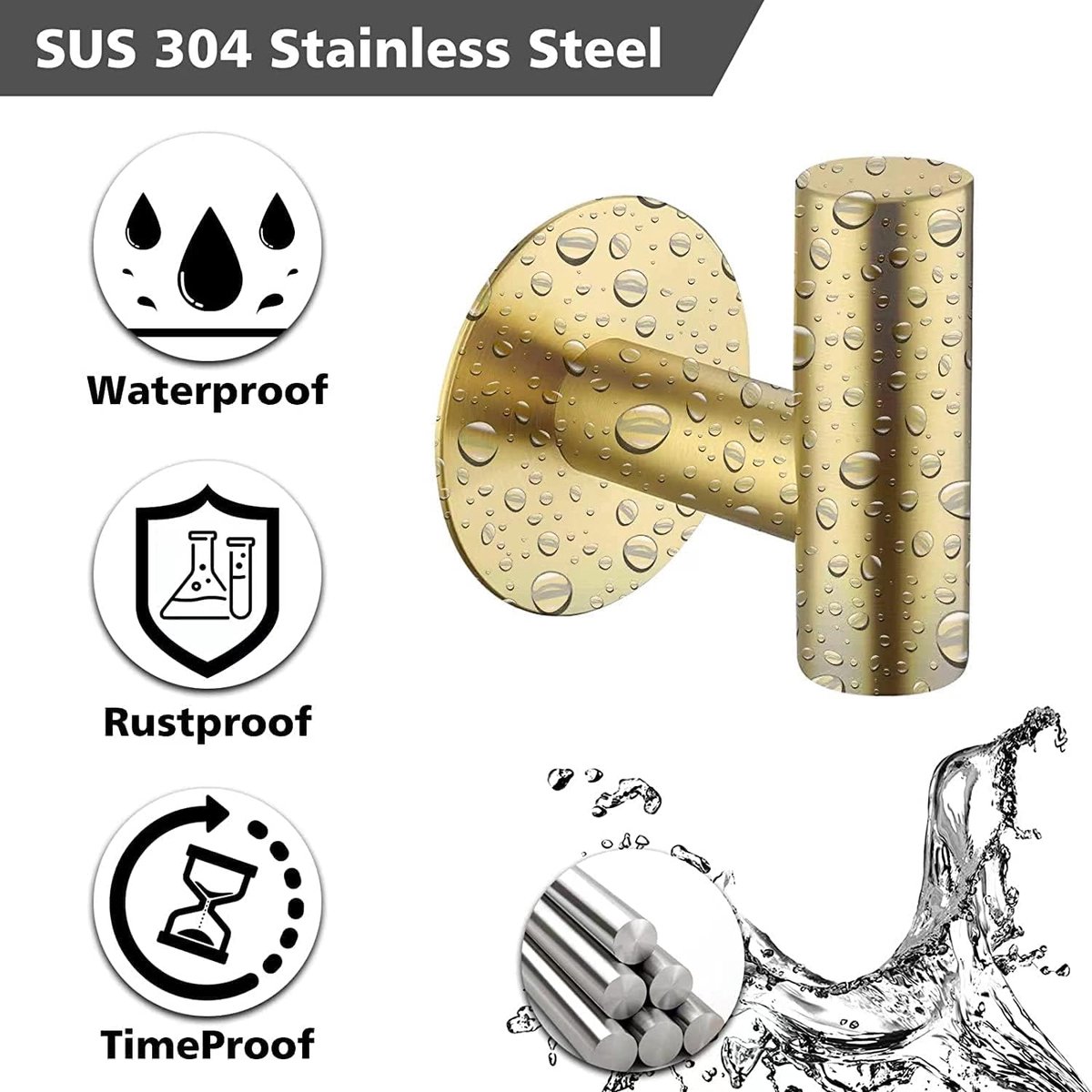 2-pack self-adhesive hooks - Door hooks - Clothes hooks - Bathroom hooks - Wall hooks - Towel hooks - Hook holders - No drilling required - Self-adhesive - SUS 304 - Suitable for home, office, bathroom and kitchen - Gold - Image 4