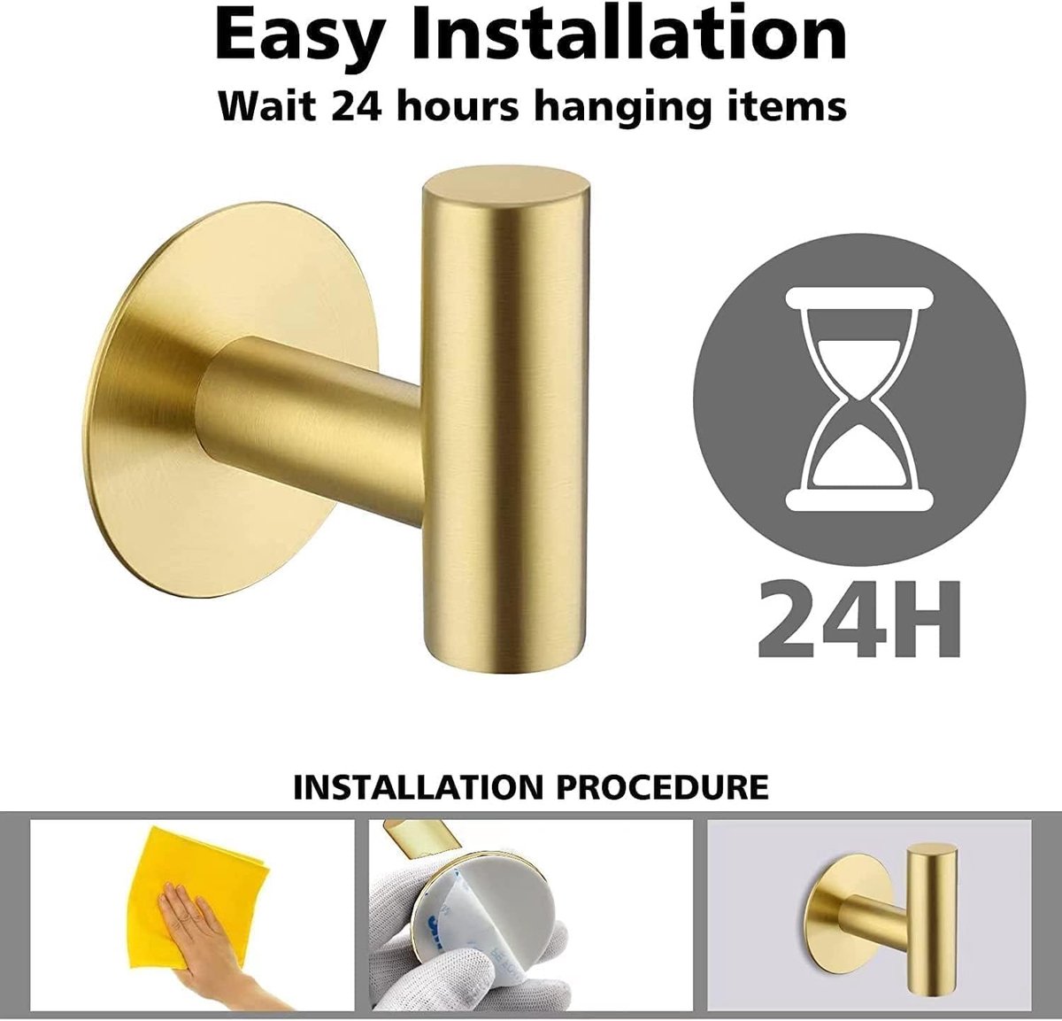 2-pack self-adhesive hooks - Door hooks - Clothes hooks - Bathroom hooks - Wall hooks - Towel hooks - Hook holders - No drilling required - Self-adhesive - SUS 304 - Suitable for home, office, bathroom and kitchen - Gold - Image 5