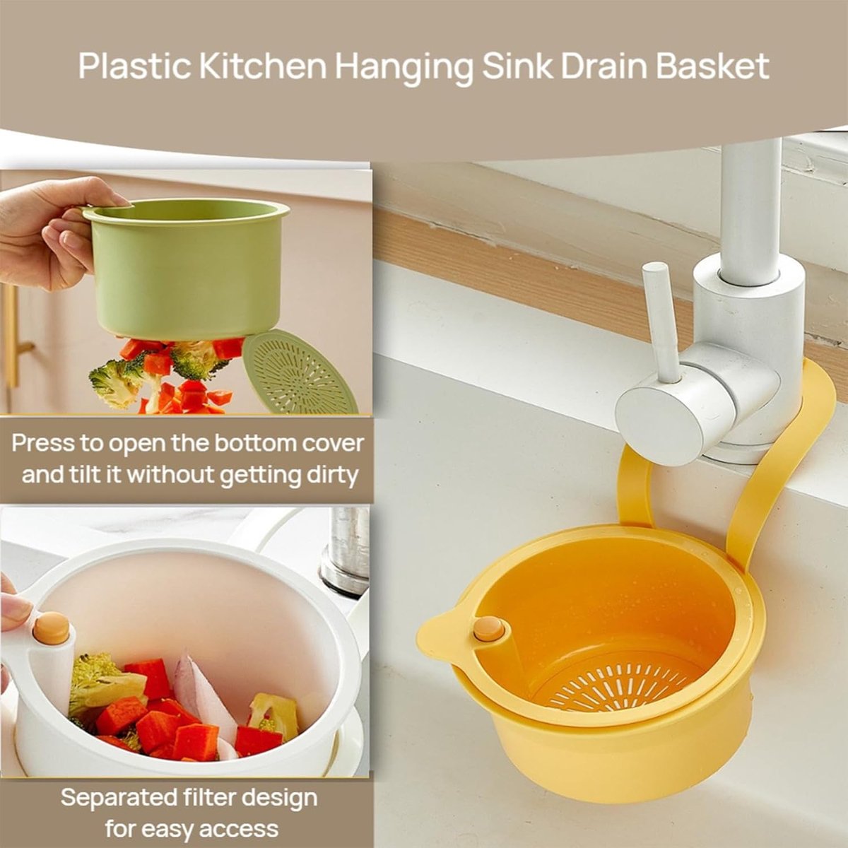 Drain Basket - Drain Filter - Sink Storage Holder - Faucet Hanging Strainer - Sink Drain Basket - Sink Strainer Basket - Sink Food Waste Collection Bin - Sink Trash Can - Plastic Kitchen Sink Strainer - Food Fruit Vegetable Drying Rack - Yellow - Image 4