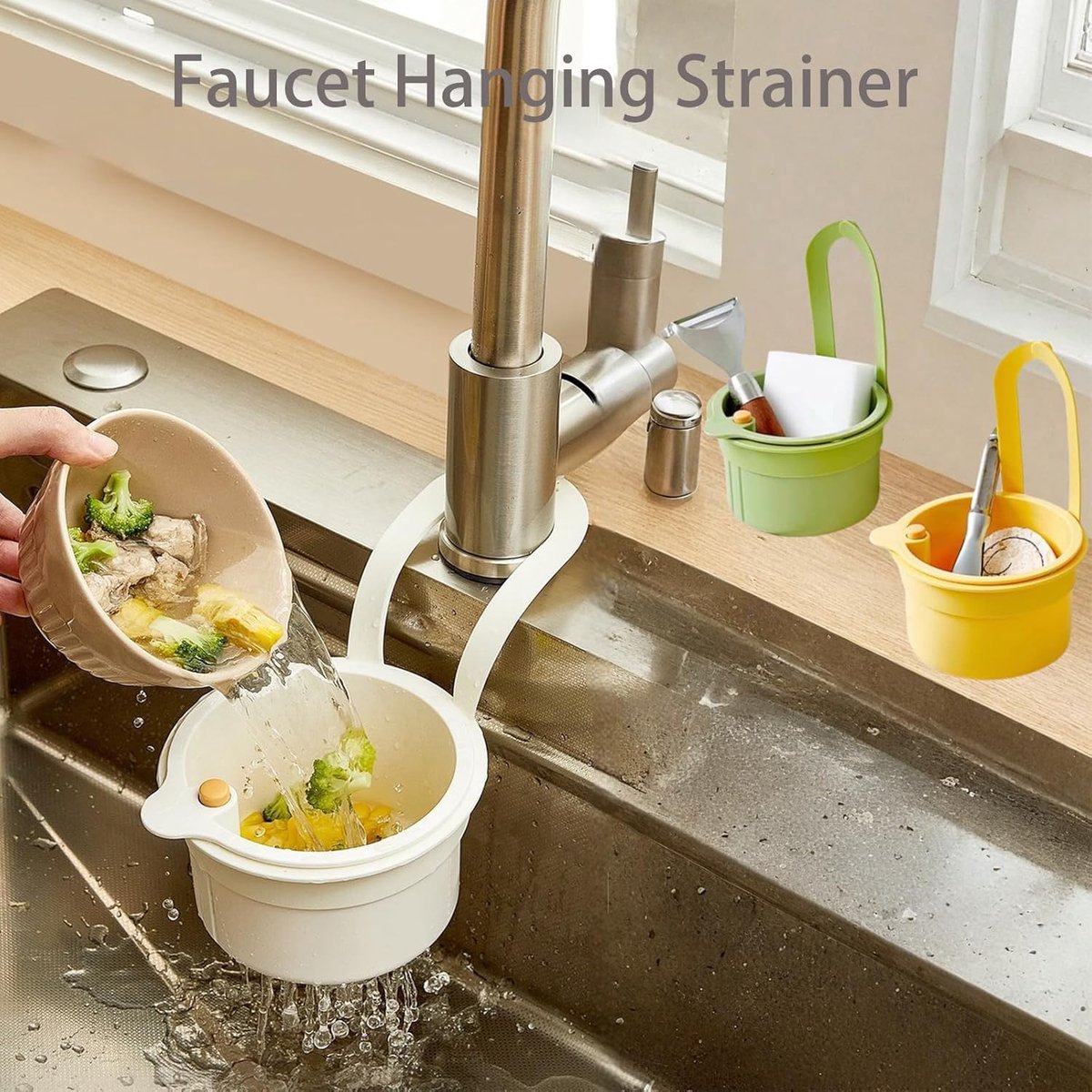 Drain Basket - Drain Filter - Sink Storage Holder - Faucet Hanging Strainer - Sink Drain Basket - Sink Strainer Basket - Sink Food Waste Collection Bin - Sink Trash Can - Plastic Kitchen Sink Strainer - Food Fruit Vegetable Drying Rack - Yellow - Image 6