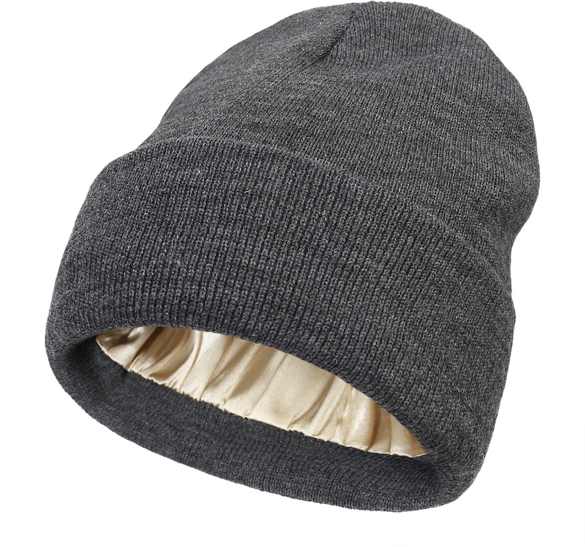 Hat - Knitted hat - Winter hat - Warm hat - Hat with satin lining - warm winter hat - knitted winter hat with fold-over brim - silk lining - soft knitted hat - warm and comfortable - for men and women - grey - Image 1