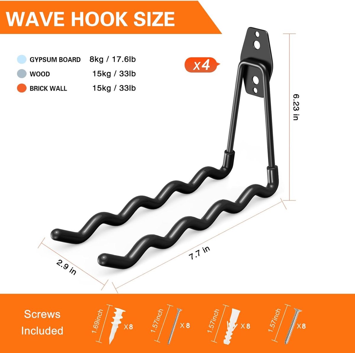 pieces - Heavy Duty Garage Hooks - Wave Long Hooks - Wall-Mounted Storage Rack - Electrical and Garden Tool Organizer - for hanging Ladders, Bicycles, Garden Hoses, Large Items and More - black - 19*16*6.5 cm - Image 5