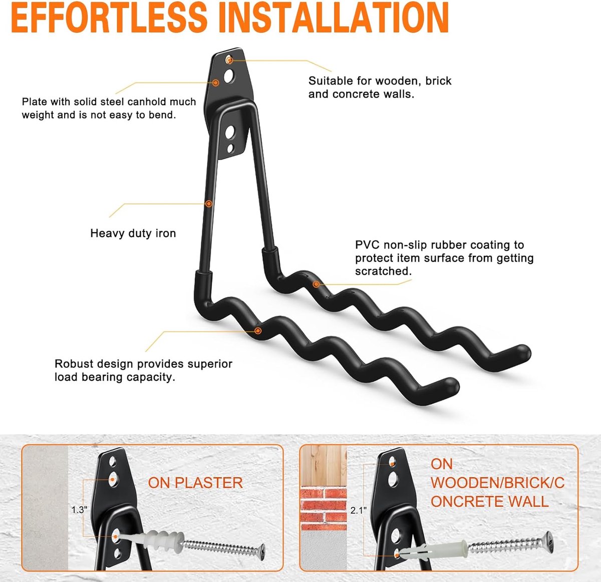 pieces - Heavy Duty Garage Hooks - Wave Long Hooks - Wall-Mounted Storage Rack - Electrical and Garden Tool Organizer - for hanging Ladders, Bicycles, Garden Hoses, Large Items and More - black - 19*16*6.5 cm - Image 6