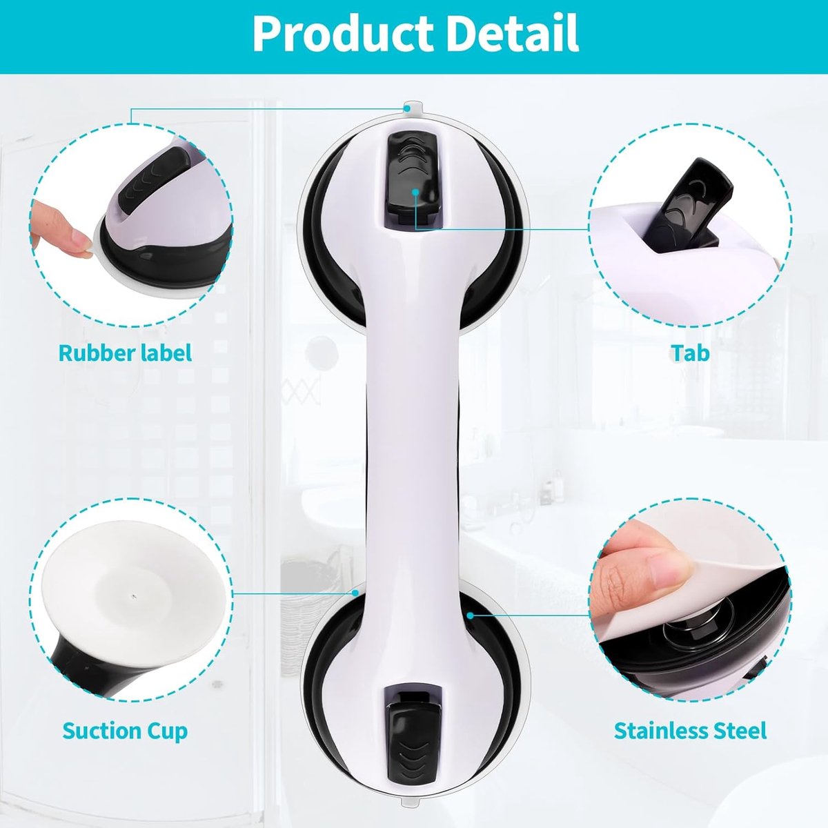 Set of 2 suction cup grab bars - Shower safety grab bars with suction cups - Extra handle - No drilling required - Safety grab bars - Suitable for the elderly and disabled - Shower holder - White Black - Image 5