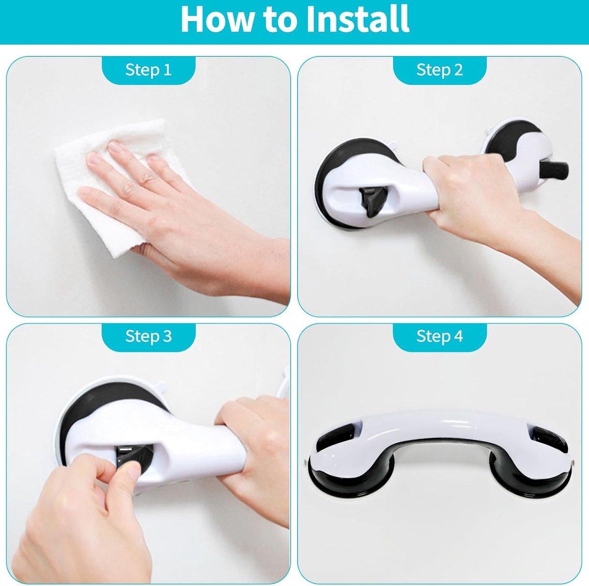 Set of 2 suction cup grab bars - Shower safety grab bars with suction cups - Extra handle - No drilling required - Safety grab bars - Suitable for the elderly and disabled - Shower holder - White Black - Image 6