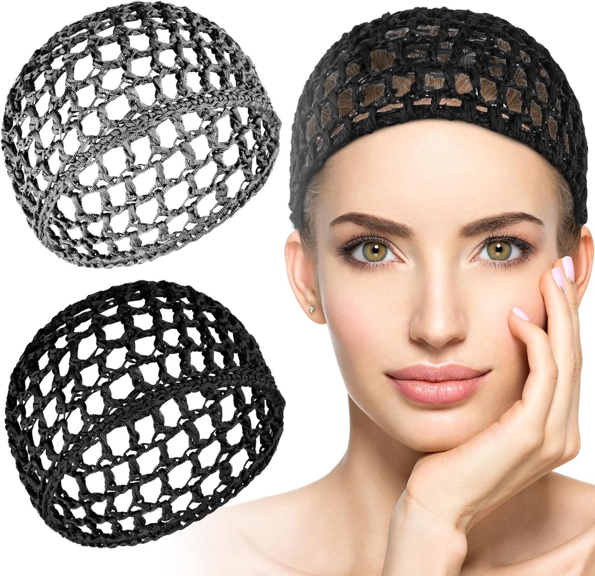 pieces - Mesh shower cap - hairnet - sleep cap - shower cover - sleep net - spa cap - headband - crocheted mesh wrap cap - stretch knitted net hairnet mesh - crocheted mesh sleep cap - women's headwear - headwear - hair accessories - black, grey - Image 1