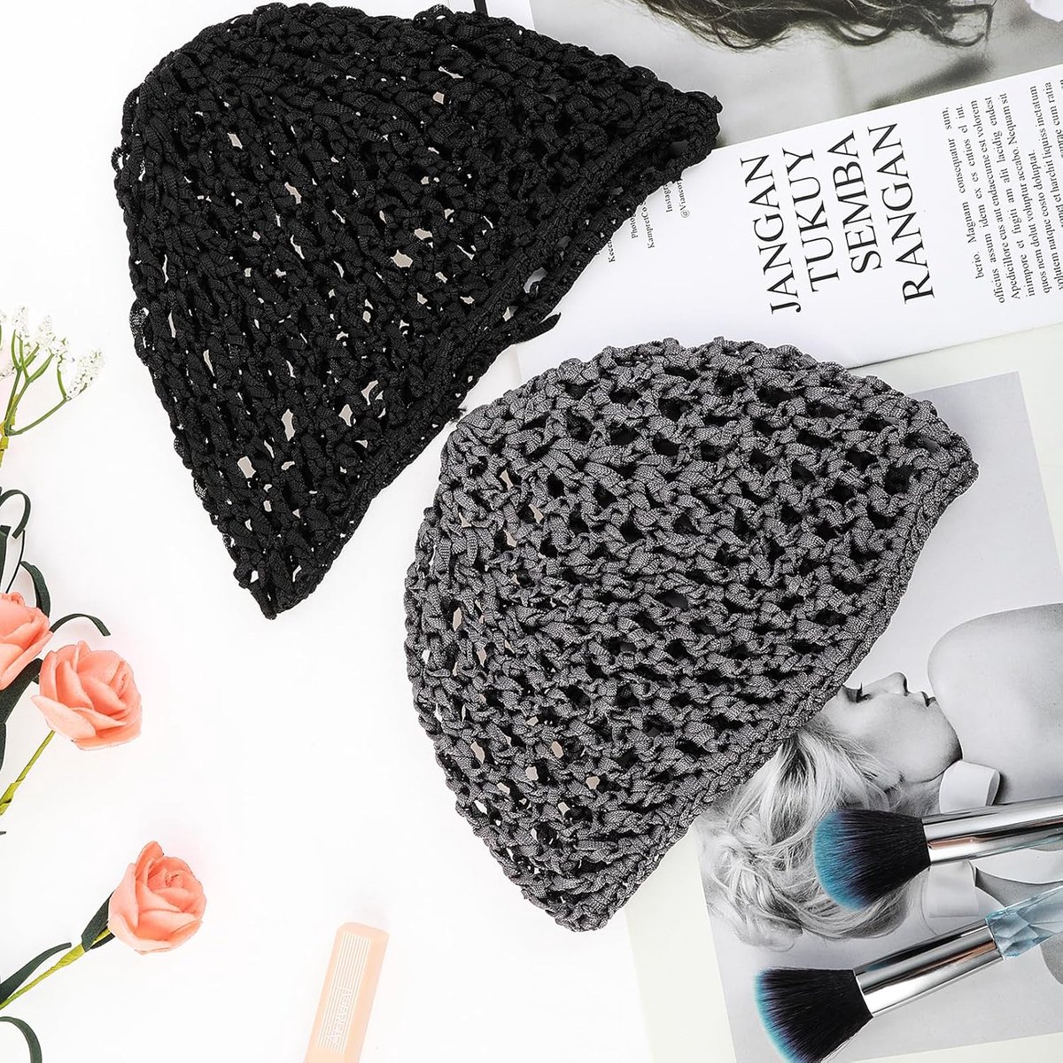 pieces - Mesh shower cap - hairnet - sleep cap - shower cover - sleep net - spa cap - headband - crocheted mesh wrap cap - stretch knitted net hairnet mesh - crocheted mesh sleep cap - women's headwear - headwear - hair accessories - black, grey - Image 2