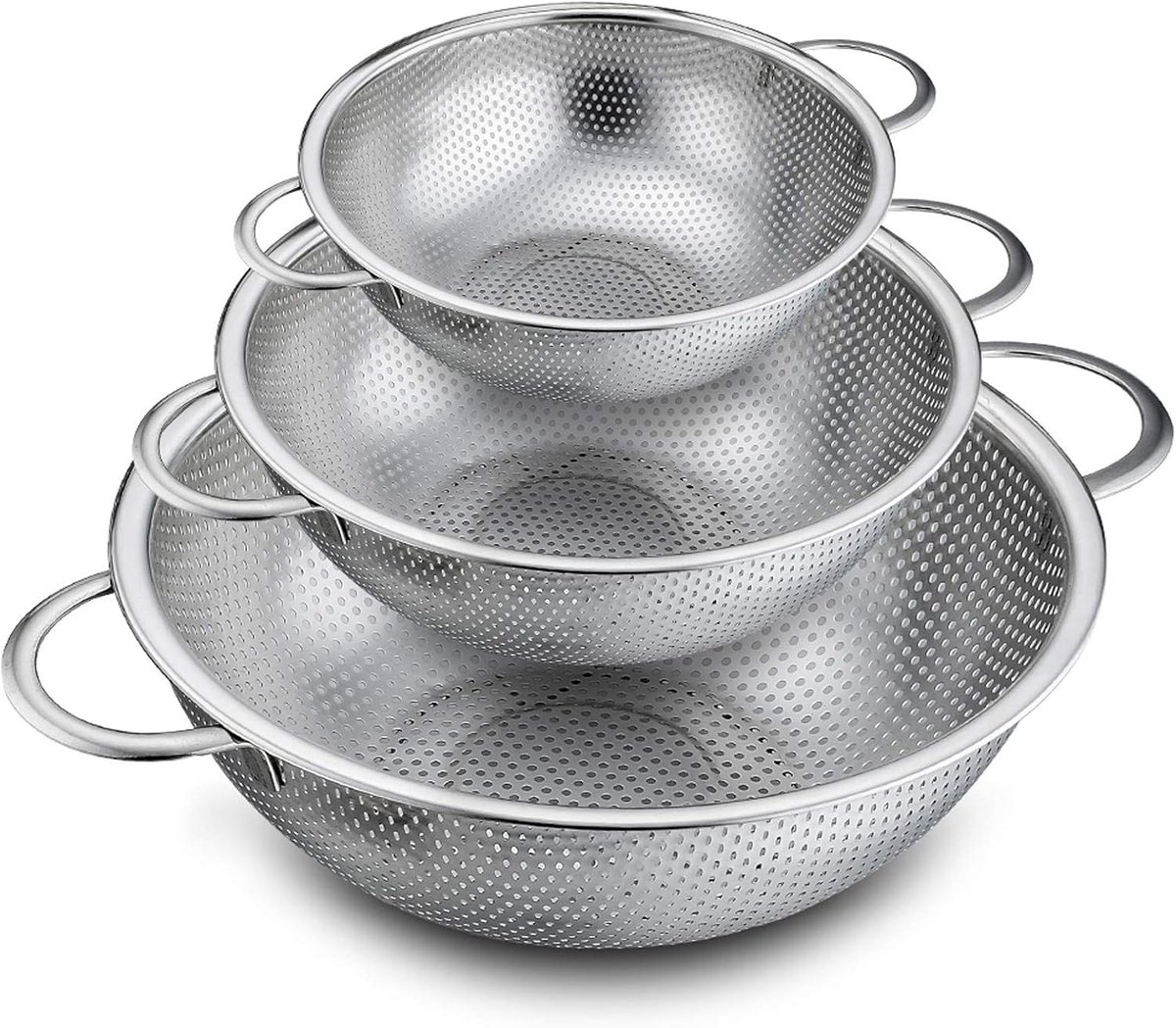 3-Piece Colander - Fine-mesh stainless steel colander - Sieve - on a stand - 2 handles - For draining, rinsing, and washing - Ideal for pasta, vegetables, and fruit - Durable and Dishwasher Safe - Easy Storage - Kitchen colander/sieve - Image 1