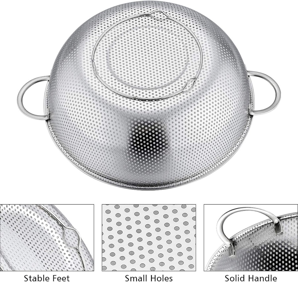 3-Piece Colander - Fine-mesh stainless steel colander - Sieve - on a stand - 2 handles - For draining, rinsing, and washing - Ideal for pasta, vegetables, and fruit - Durable and Dishwasher Safe - Easy Storage - Kitchen colander/sieve - Image 5