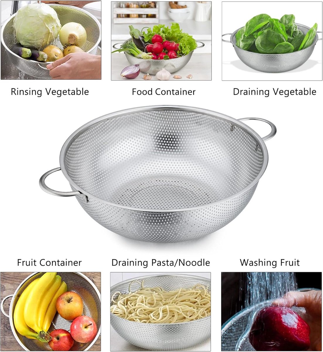 3-Piece Colander - Fine-mesh stainless steel colander - Sieve - on a stand - 2 handles - For draining, rinsing, and washing - Ideal for pasta, vegetables, and fruit - Durable and Dishwasher Safe - Easy Storage - Kitchen colander/sieve - Image 6