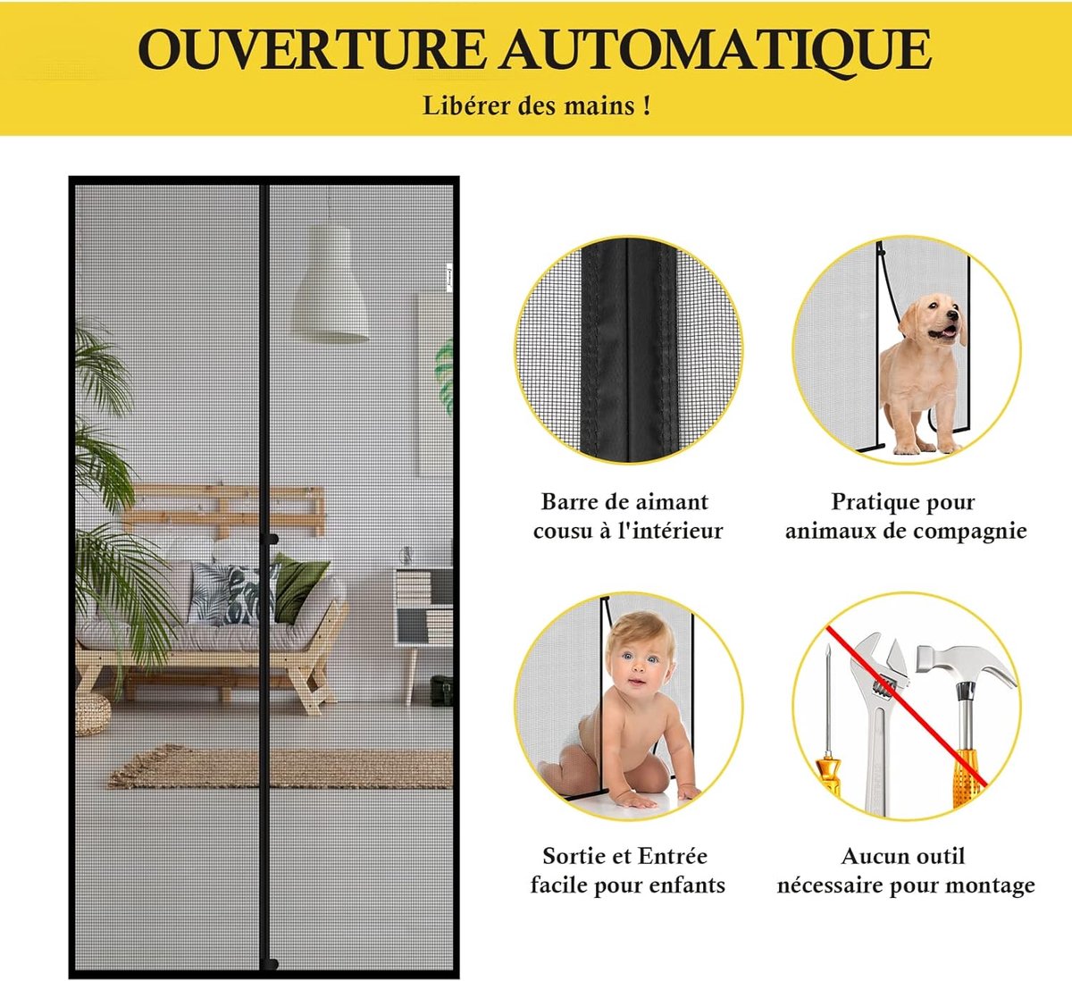 Magnetic insect screen for doors and windows - Insect screen - with tension straps - with magnetic curtain - Mosquito-repellent - for hallways, doors, windows, and patios - Easy to install - Black - 100 x 210 cm - Image 4