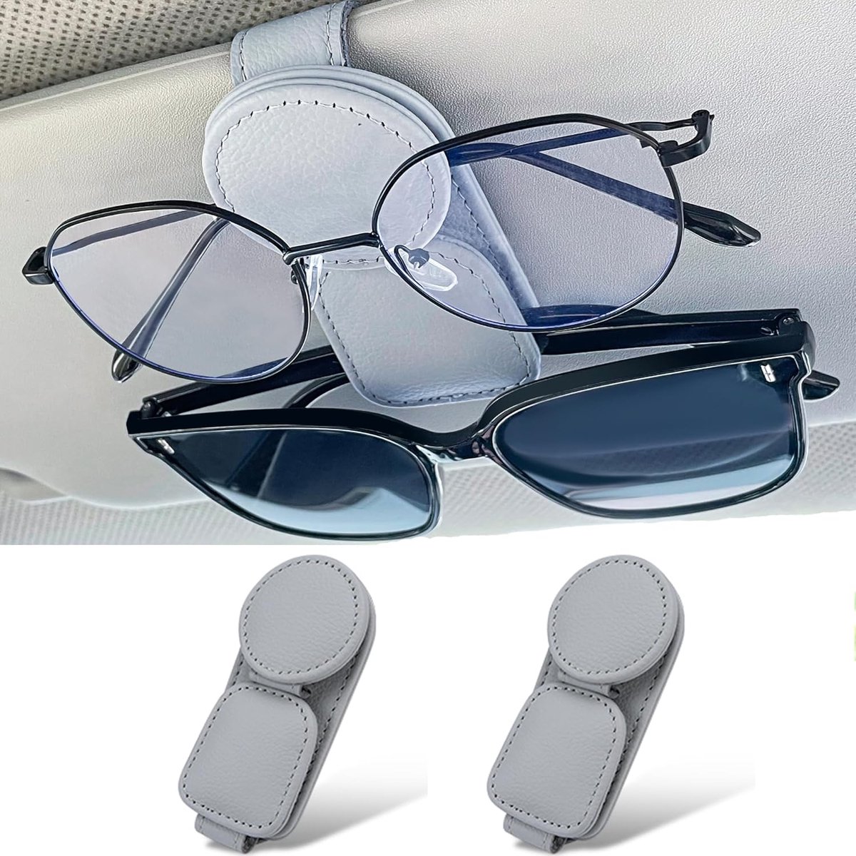 Sunglasses Holder for Car Sun Visor - 2 Pieces - Sunglasses Holder for Car Visor - Grey - Magnetic Leather Sunglasses Glasses Hanger Clip - Glasses Holder - for Car Sun Visor Accessories - Magnetic Glasses Holder - Visor Sunglasses Holder Clip - Image 1