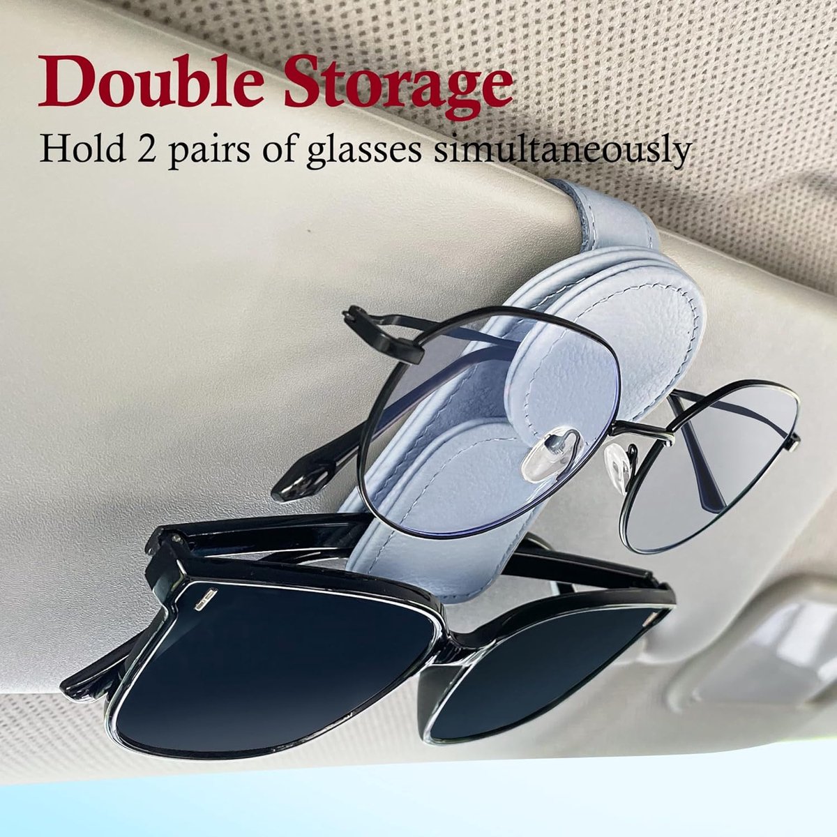 Sunglasses Holder for Car Sun Visor - 2 Pieces - Sunglasses Holder for Car Visor - Grey - Magnetic Leather Sunglasses Glasses Hanger Clip - Glasses Holder - for Car Sun Visor Accessories - Magnetic Glasses Holder - Visor Sunglasses Holder Clip - Image 2