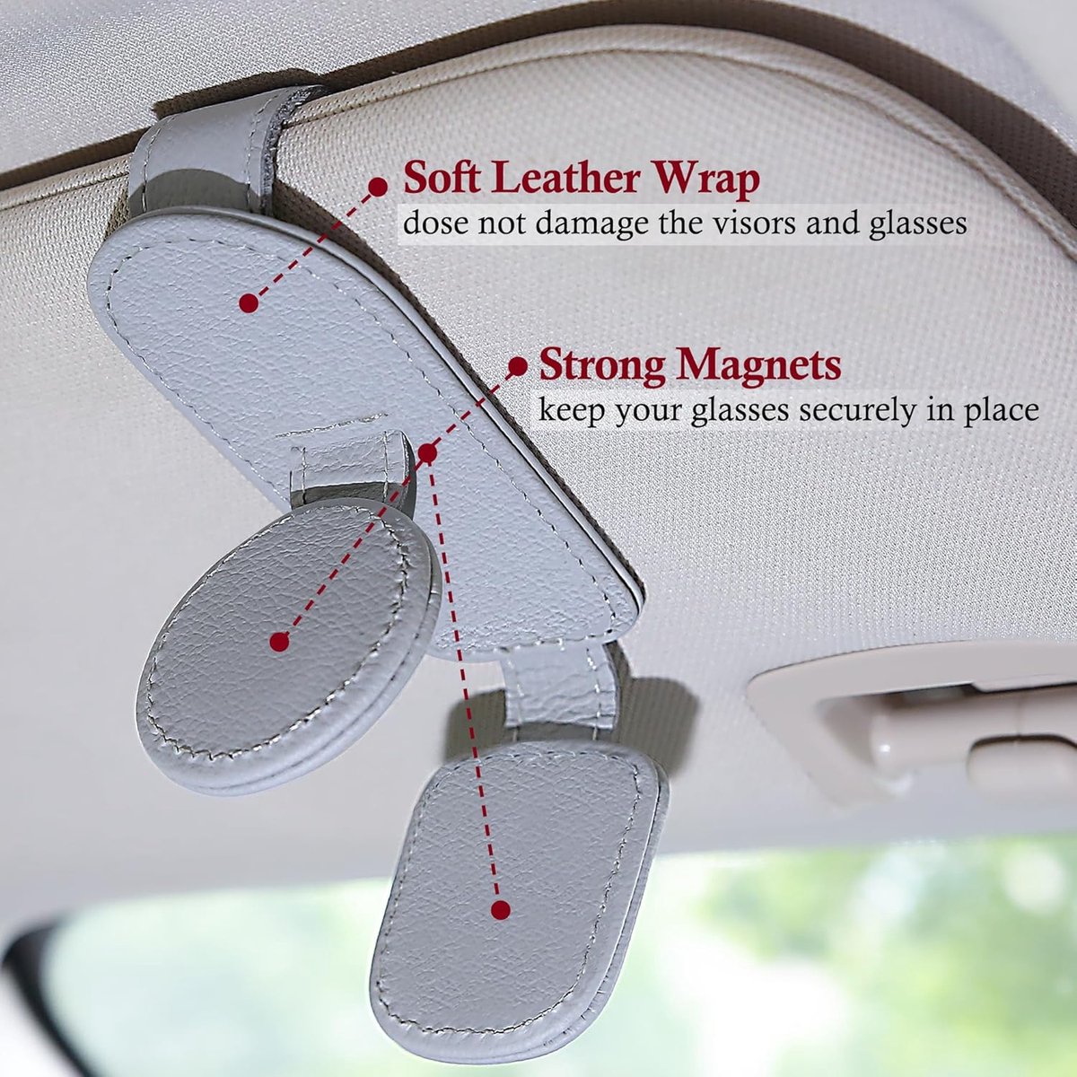 Sunglasses Holder for Car Sun Visor - 2 Pieces - Sunglasses Holder for Car Visor - Grey - Magnetic Leather Sunglasses Glasses Hanger Clip - Glasses Holder - for Car Sun Visor Accessories - Magnetic Glasses Holder - Visor Sunglasses Holder Clip - Image 3
