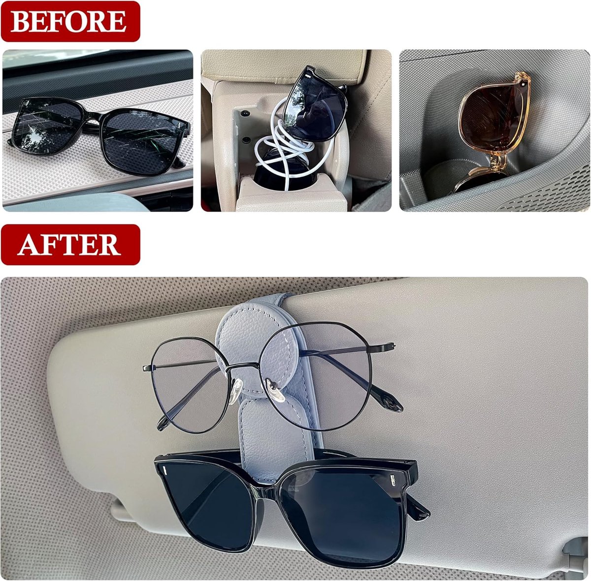 Sunglasses Holder for Car Sun Visor - 2 Pieces - Sunglasses Holder for Car Visor - Grey - Magnetic Leather Sunglasses Glasses Hanger Clip - Glasses Holder - for Car Sun Visor Accessories - Magnetic Glasses Holder - Visor Sunglasses Holder Clip - Image 5
