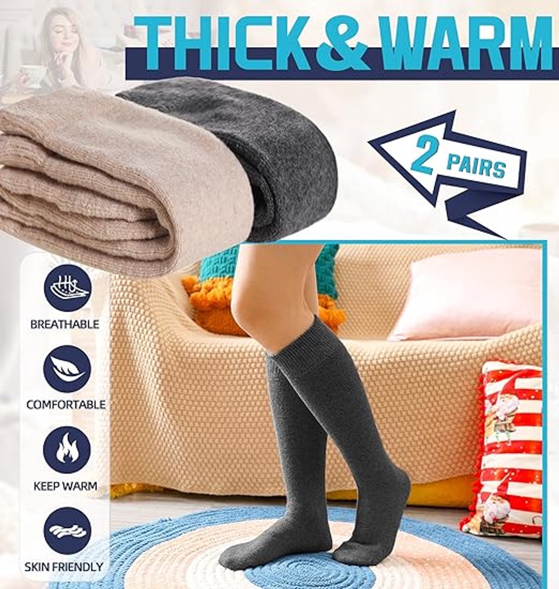 2 Pairs Cotton Knee Socks - Winter Knee Socks Warm Long Boots - Women's Winter Knitted Overknee Socks - Soft Knitted Thermal Cotton Long Socks - Women's Warm Socks - Warm Knee Socks - Image 5