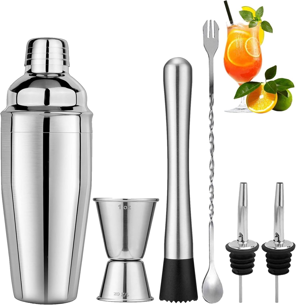 Stainless Steel Cocktail Shaker - 6-piece set - Cocktail set - Cocktail Shaker (750ml) - cocktail accessories - Cocktail set with drink shaker, cocktail strainer, mixing spoon, muddler, wine measure, handy stirrer - bar set - for Cocktail bar - Image 1