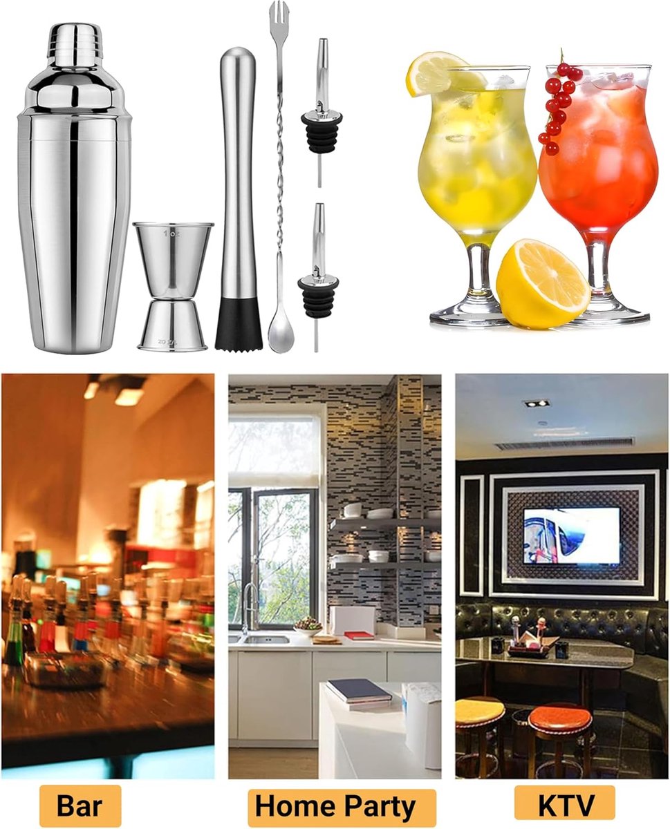 Stainless Steel Cocktail Shaker - 6-piece set - Cocktail set - Cocktail Shaker (750ml) - cocktail accessories - Cocktail set with drink shaker, cocktail strainer, mixing spoon, muddler, wine measure, handy stirrer - bar set - for Cocktail bar - Image 2
