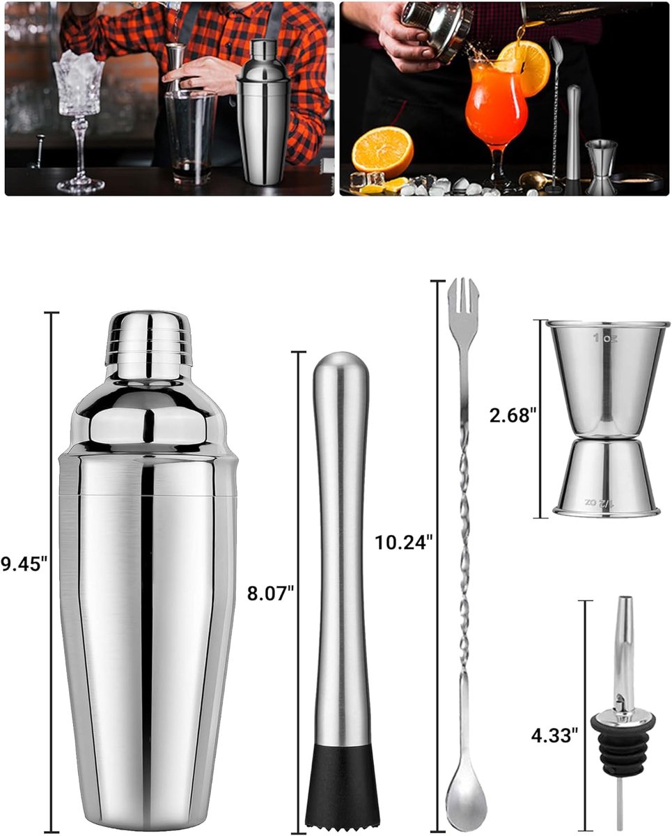 Stainless Steel Cocktail Shaker - 6-piece set - Cocktail set - Cocktail Shaker (750ml) - cocktail accessories - Cocktail set with drink shaker, cocktail strainer, mixing spoon, muddler, wine measure, handy stirrer - bar set - for Cocktail bar - Image 3