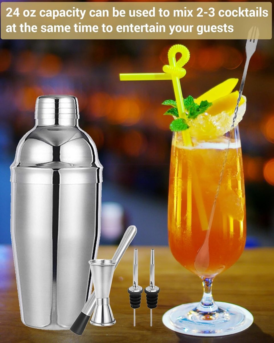 Stainless Steel Cocktail Shaker - 6-piece set - Cocktail set - Cocktail Shaker (750ml) - cocktail accessories - Cocktail set with drink shaker, cocktail strainer, mixing spoon, muddler, wine measure, handy stirrer - bar set - for Cocktail bar - Image 4