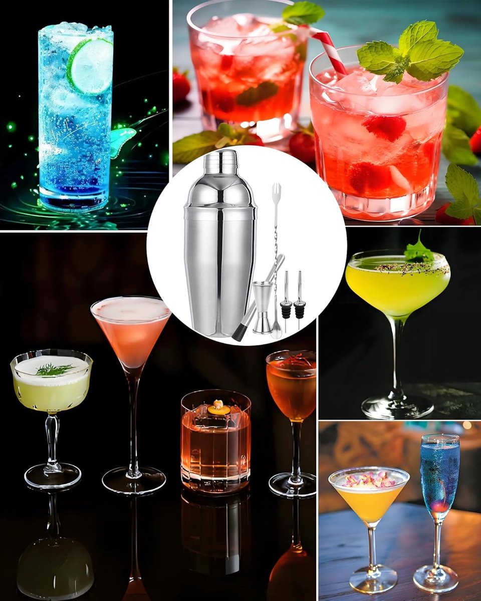 Stainless Steel Cocktail Shaker - 6-piece set - Cocktail set - Cocktail Shaker (750ml) - cocktail accessories - Cocktail set with drink shaker, cocktail strainer, mixing spoon, muddler, wine measure, handy stirrer - bar set - for Cocktail bar - Image 6