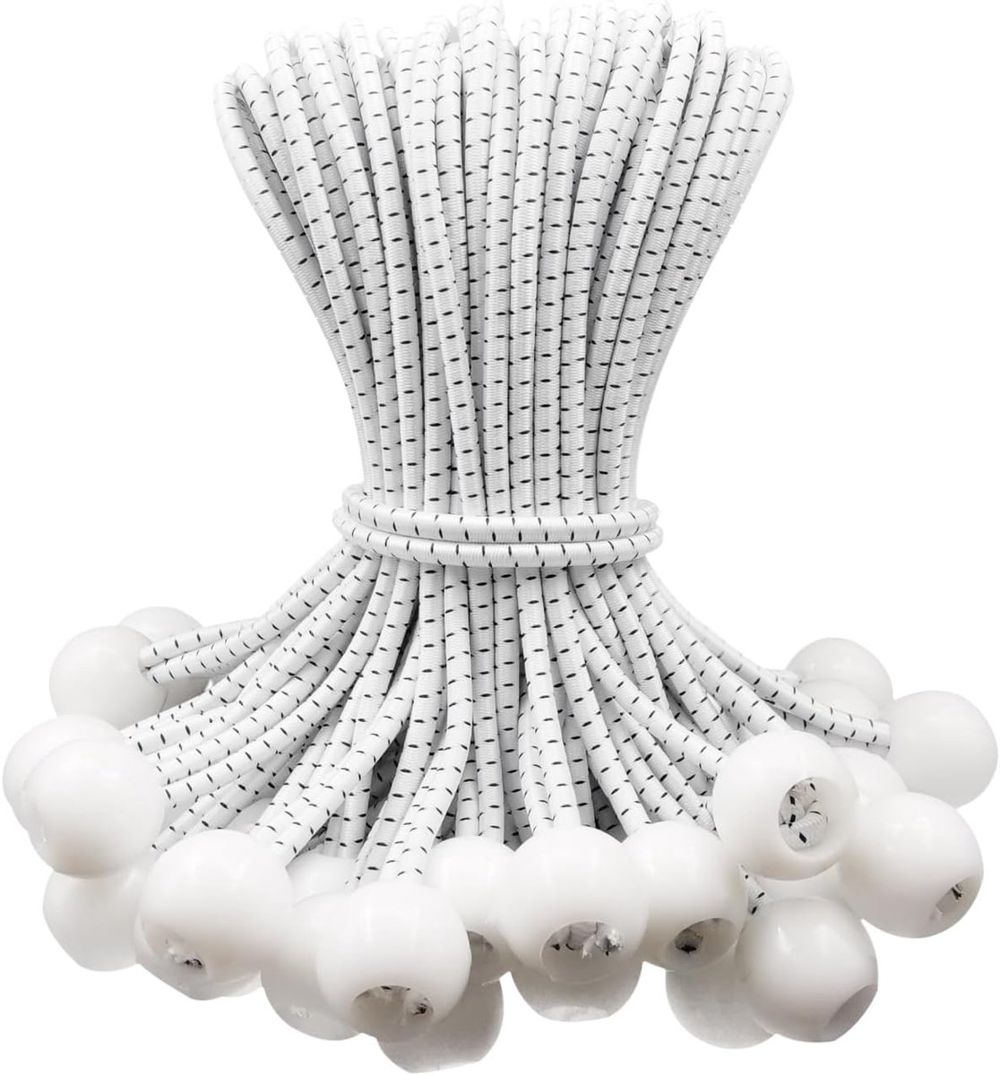 50 pieces - 6 inch - Elastic rope - Elastic cord - Tensioning elastic - tension cord - ball bungee cords - with balls - reusable - for golf nets, soccer goals, camping, tent poles, hose - white rope black spot - 150*22 mm - Image 1