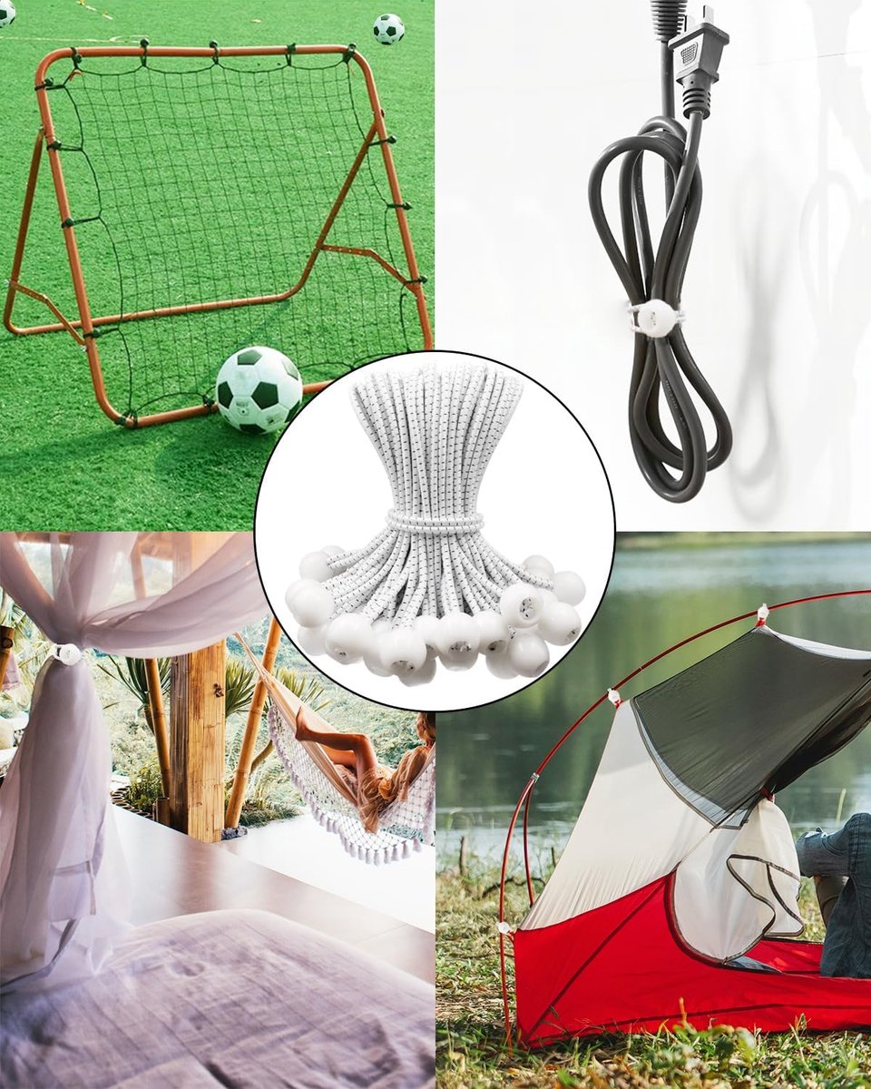 50 pieces - 6 inch - Elastic rope - Elastic cord - Tensioning elastic - tension cord - ball bungee cords - with balls - reusable - for golf nets, soccer goals, camping, tent poles, hose - white rope black spot - 150*22 mm - Image 2
