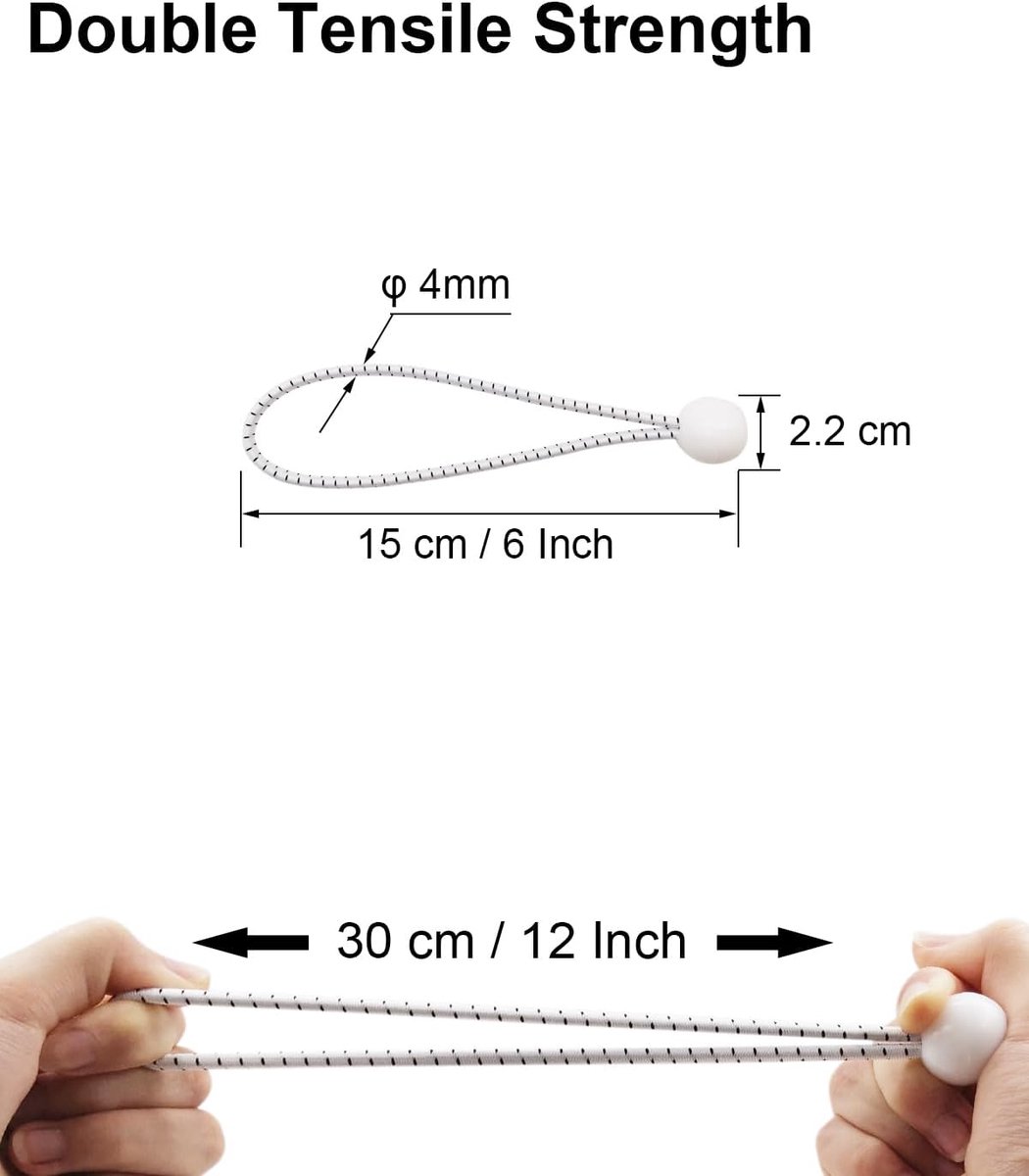 50 pieces - 6 inch - Elastic rope - Elastic cord - Tensioning elastic - tension cord - ball bungee cords - with balls - reusable - for golf nets, soccer goals, camping, tent poles, hose - white rope black spot - 150*22 mm - Image 5