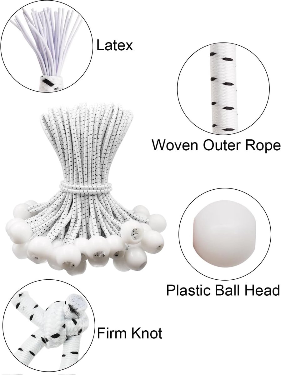 50 pieces - 6 inch - Elastic rope - Elastic cord - Tensioning elastic - tension cord - ball bungee cords - with balls - reusable - for golf nets, soccer goals, camping, tent poles, hose - white rope black spot - 150*22 mm - Image 6