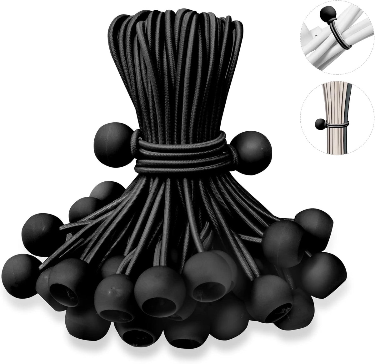 50 pieces - 6 inch - Elastic rope - Elastic cord - Tensioning elastic - tension cord - ball bungee cords - with balls - reusable - for golf nets, soccer goals, camping, tent poles, tubing - black - 150*22 mm - Image 1