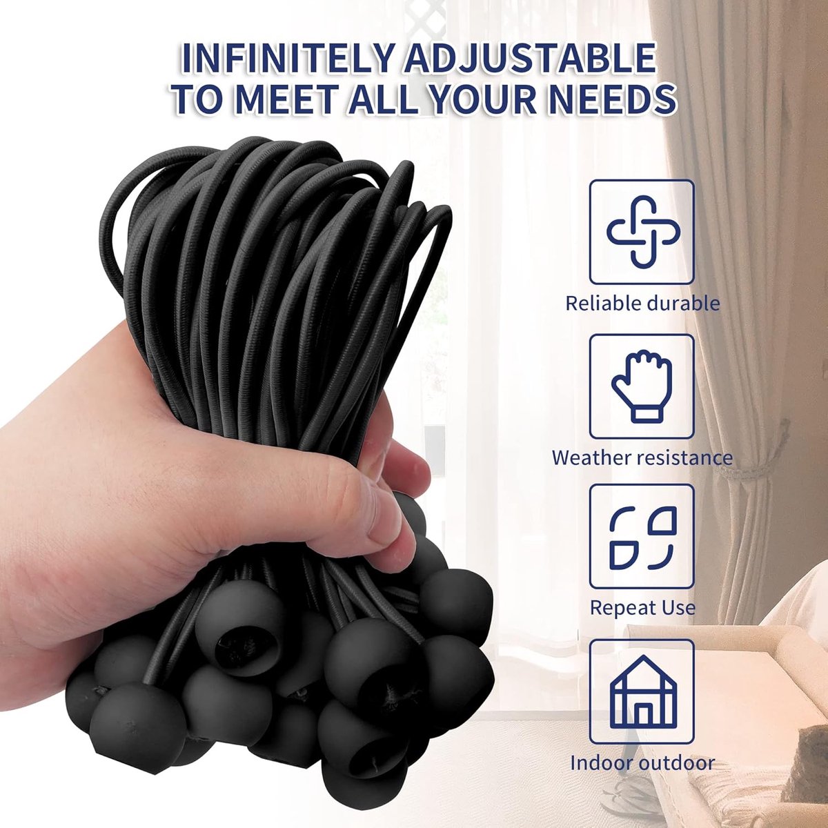 50 pieces - 6 inch - Elastic rope - Elastic cord - Tensioning elastic - tension cord - ball bungee cords - with balls - reusable - for golf nets, soccer goals, camping, tent poles, tubing - black - 150*22 mm - Image 4