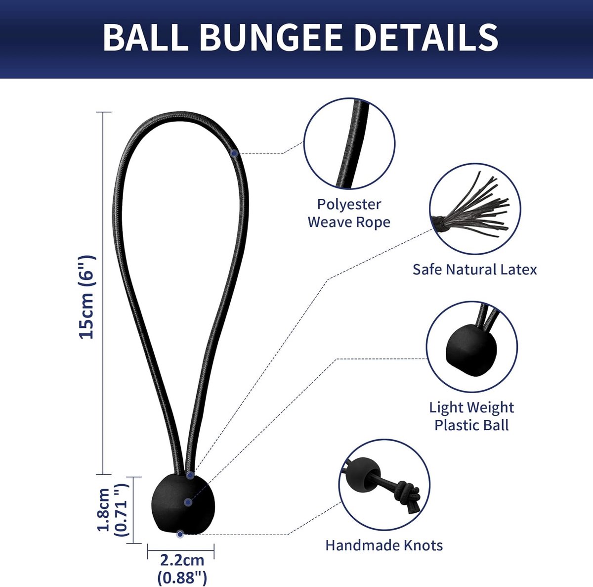 50 pieces - 6 inch - Elastic rope - Elastic cord - Tensioning elastic - tension cord - ball bungee cords - with balls - reusable - for golf nets, soccer goals, camping, tent poles, tubing - black - 150*22 mm - Image 5