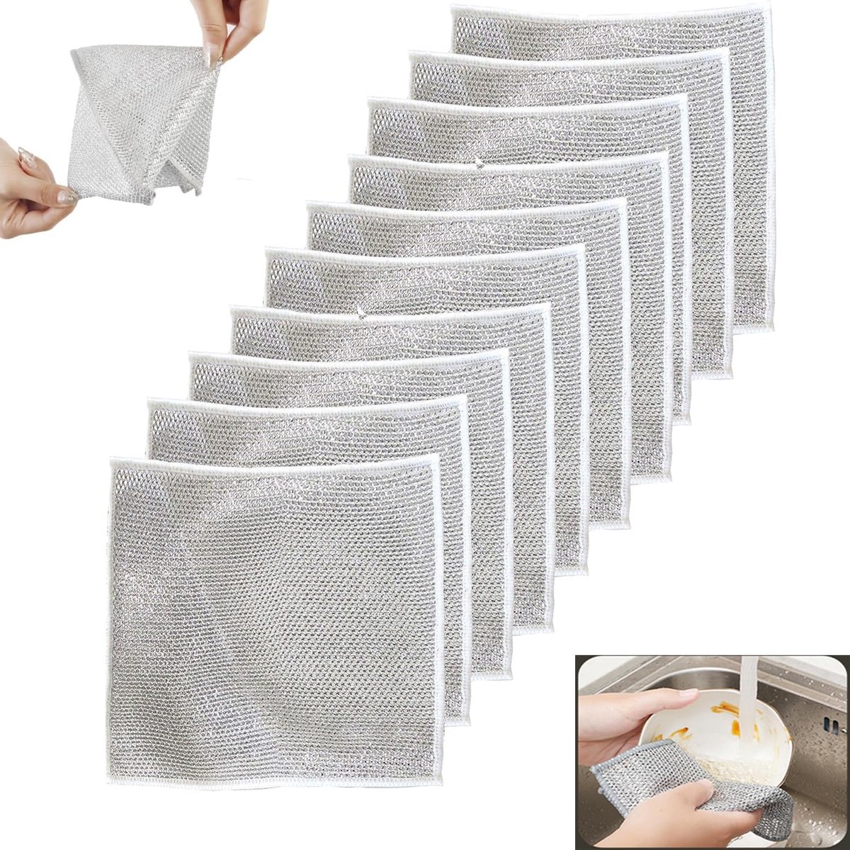 10 pieces - 20*20 cm - Multifunctional wire dishcloth - Dishcloth - double-layered - Cleaning cloth - for wet and dry dishes - scratch-free wire dishcloth - wire scrubbing cloths - for dishes - time-saving kitchen towels and cleaning cloths - Image 1