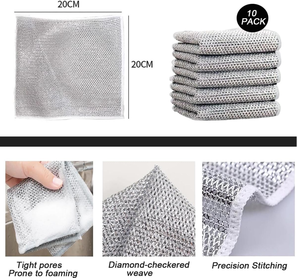 10 pieces - 20*20 cm - Multifunctional wire dishcloth - Dishcloth - double-layered - Cleaning cloth - for wet and dry dishes - scratch-free wire dishcloth - wire scrubbing cloths - for dishes - time-saving kitchen towels and cleaning cloths - Image 5