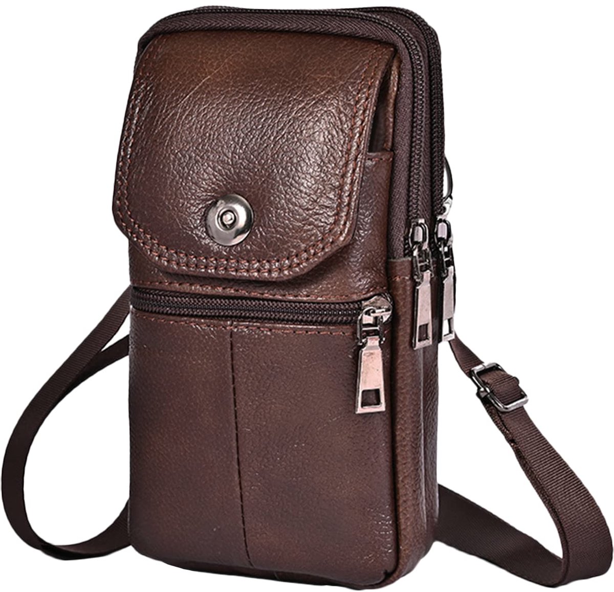 Leather Belt Bag - with Shoulder Strap - Leather Phone Waist Bag - Standing Small Belt Bag - Belt Bag - Men's Leather Shoulder Bag - Phone Holder - Vertical Phone Holder - Waist Belt - Smartphone Bag - Organizer - Waist Bag - Wallet - Shoulder Bag - Brown - Image 1