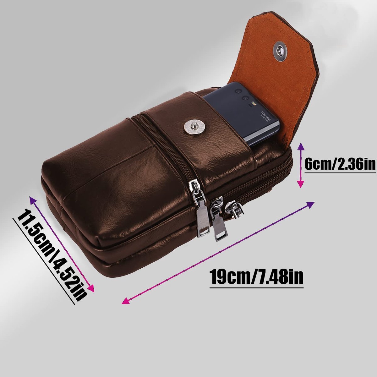 Leather Belt Bag - with Shoulder Strap - Leather Phone Waist Bag - Standing Small Belt Bag - Belt Bag - Men's Leather Shoulder Bag - Phone Holder - Vertical Phone Holder - Waist Belt - Smartphone Bag - Organizer - Waist Bag - Wallet - Shoulder Bag - Brown - Image 2