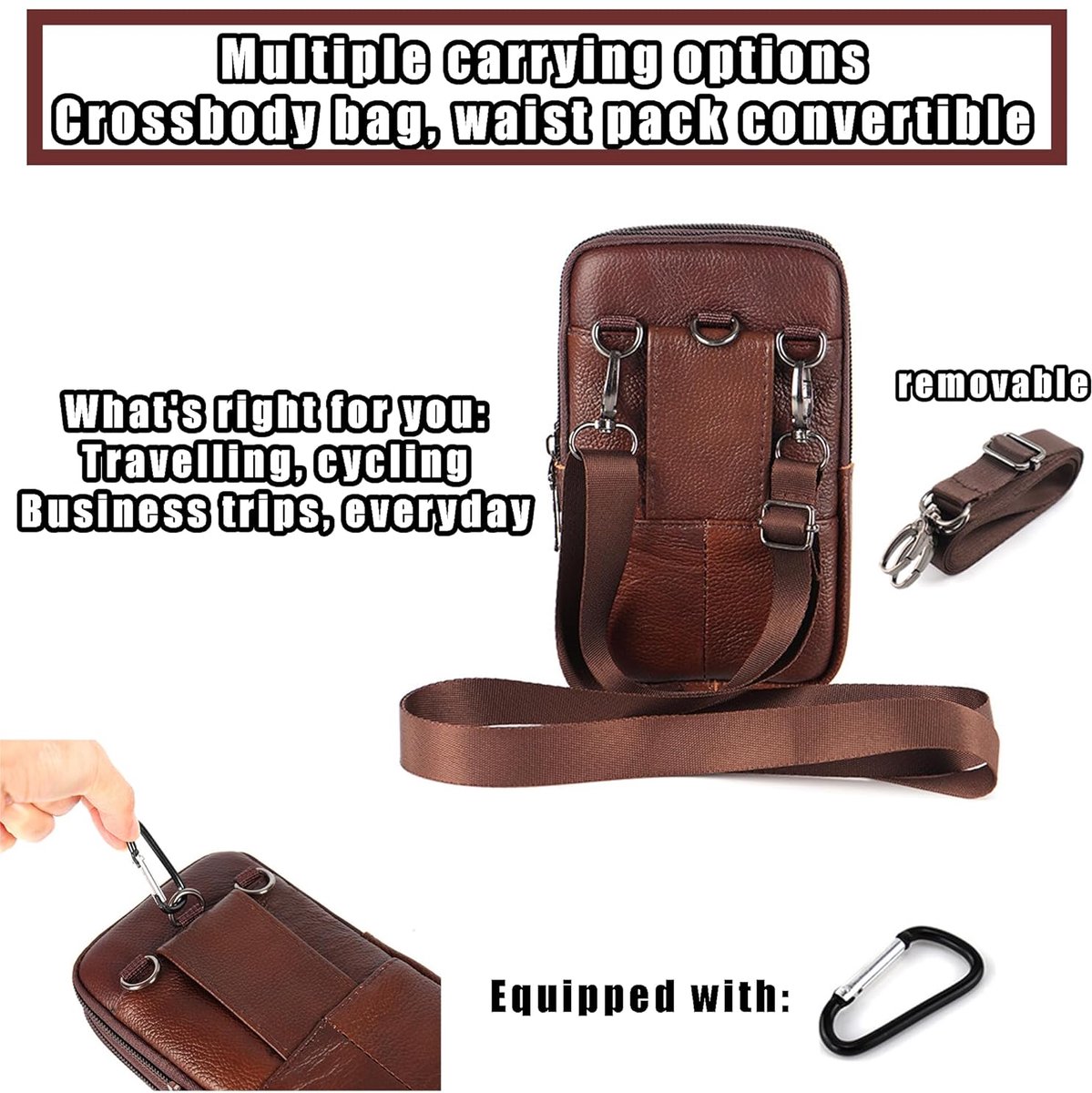 Leather Belt Bag - with Shoulder Strap - Leather Phone Waist Bag - Standing Small Belt Bag - Belt Bag - Men's Leather Shoulder Bag - Phone Holder - Vertical Phone Holder - Waist Belt - Smartphone Bag - Organizer - Waist Bag - Wallet - Shoulder Bag - Brown - Image 3