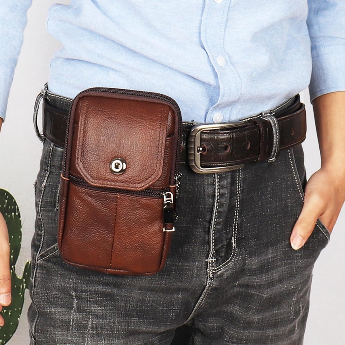 Leather Belt Bag - with Shoulder Strap - Leather Phone Waist Bag - Standing Small Belt Bag - Belt Bag - Men's Leather Shoulder Bag - Phone Holder - Vertical Phone Holder - Waist Belt - Smartphone Bag - Organizer - Waist Bag - Wallet - Shoulder Bag - Brown - Image 4