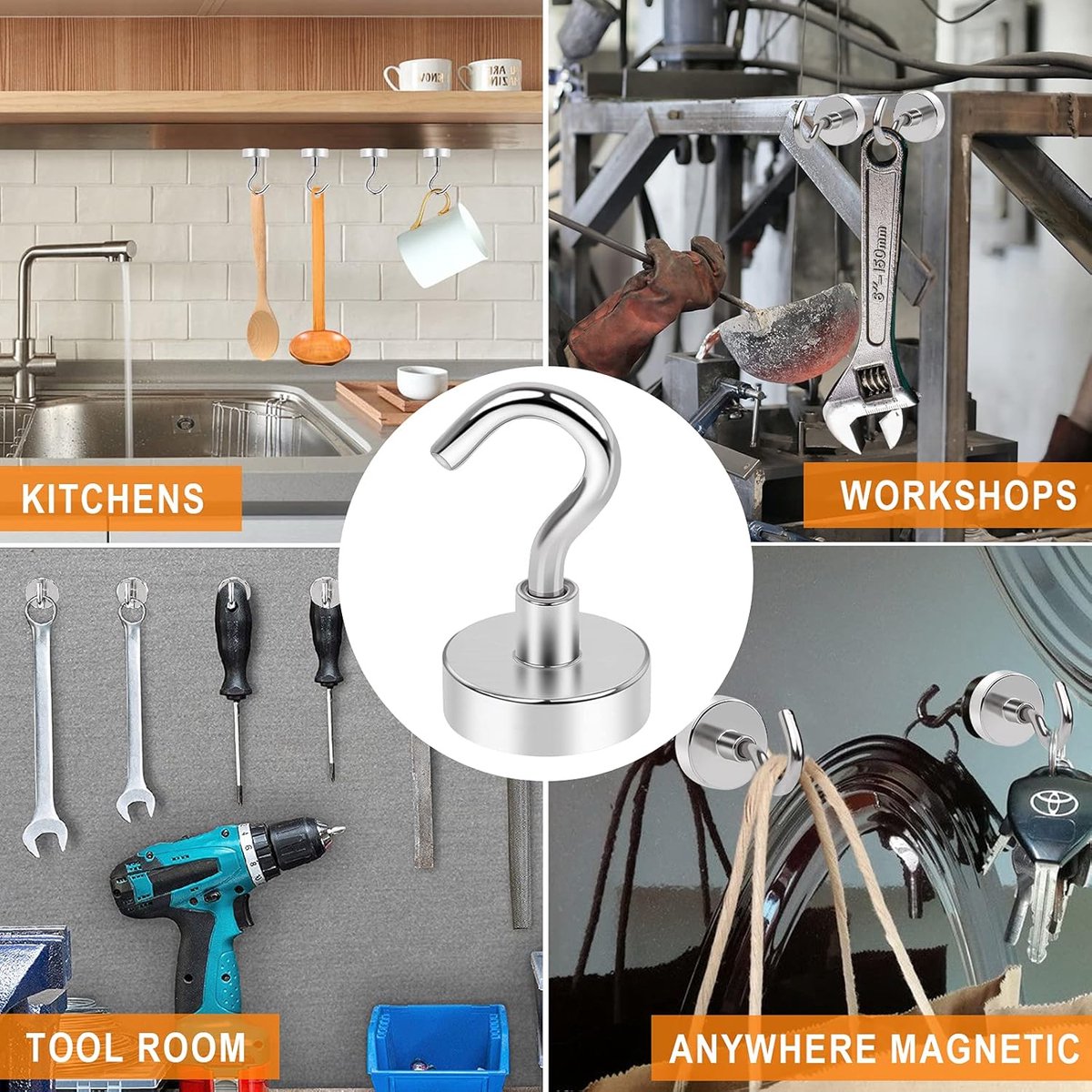 magnetic hook - 10 pieces for more than 5 kg - super strong pulling force - magnet with hook - heavy magnetic hook for hanging, kitchen - silver - Image 3