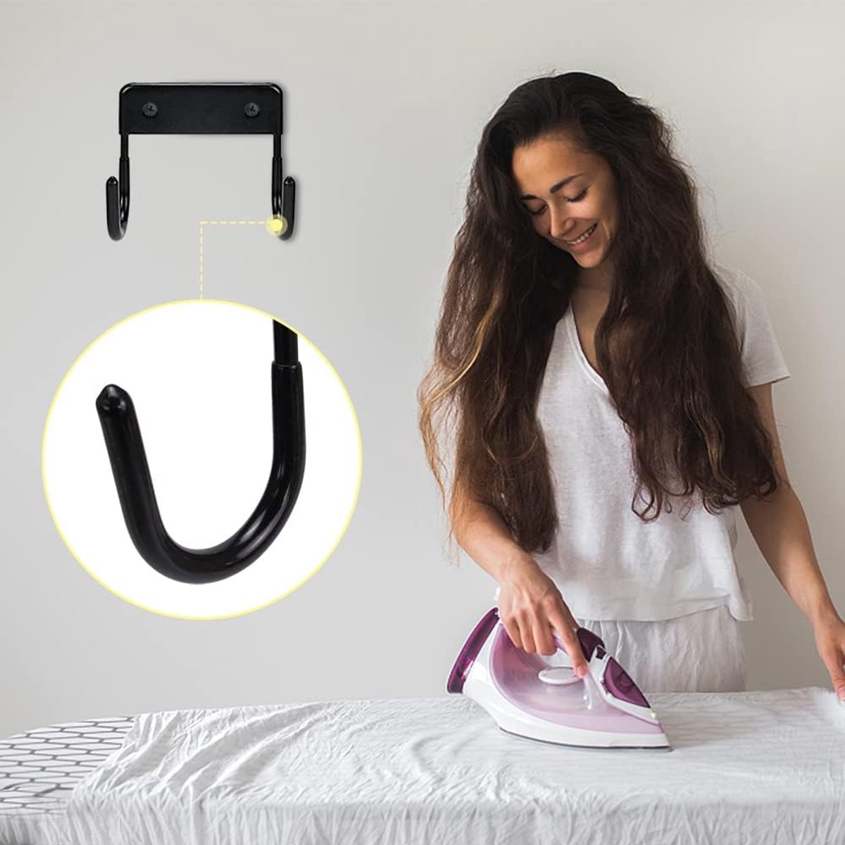 Ironing board holder - Ironing board hanging system - Hook for ironing board - Wall-mounted ironing board holder - Ironing board organizer - Hook - Storage hooks - wall hooks - tool hooks - for laundry rooms, garages and storage rooms - 12*11*6 cm - black - Image 3