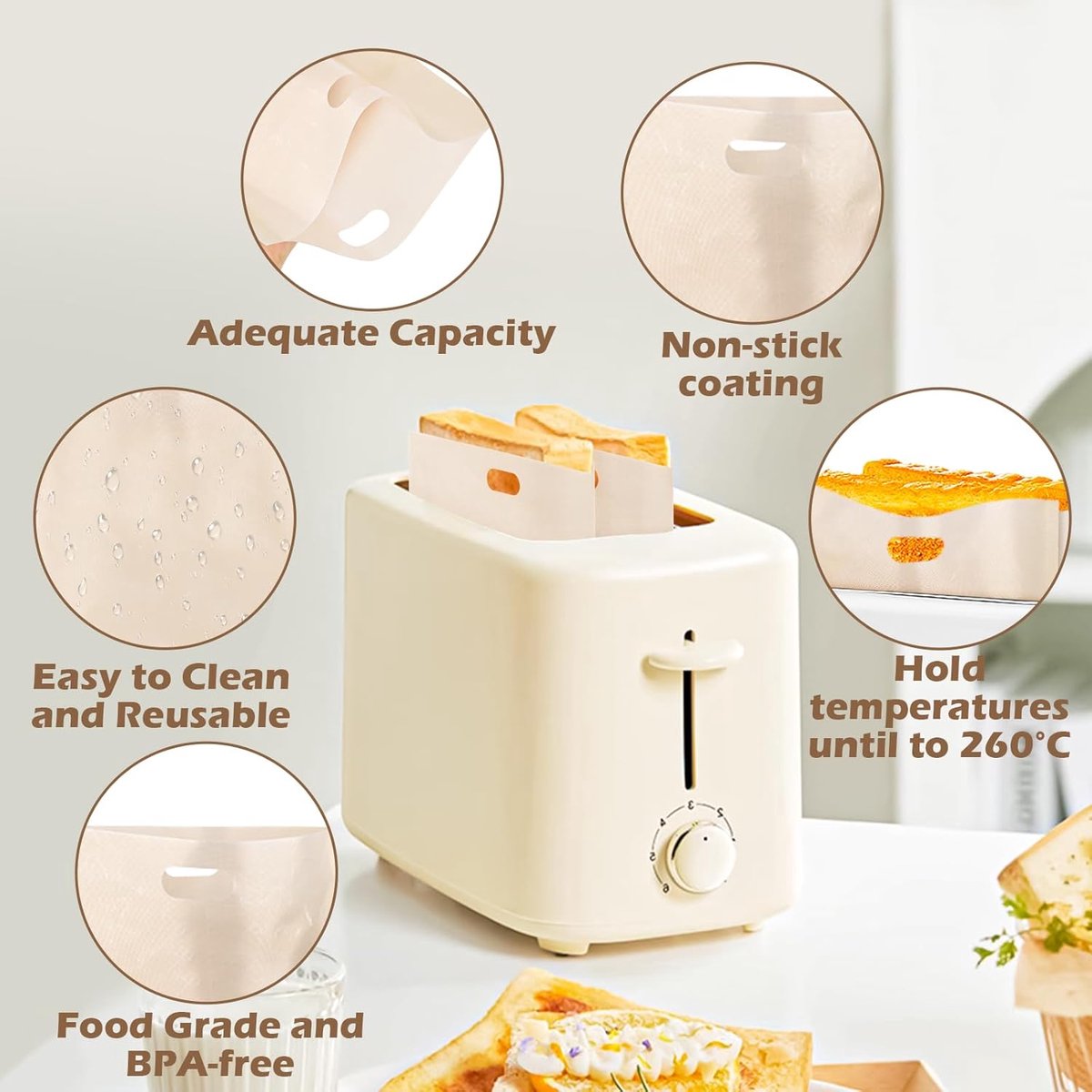 8 pieces - Toaster bags - non-stick toaster bags - non-stick coating - reusable toaster bags - with Teflon coating - washable - for toasters and microwaves - for sandwiches, paninis and snacks - 16*16.5 cm - Image 2