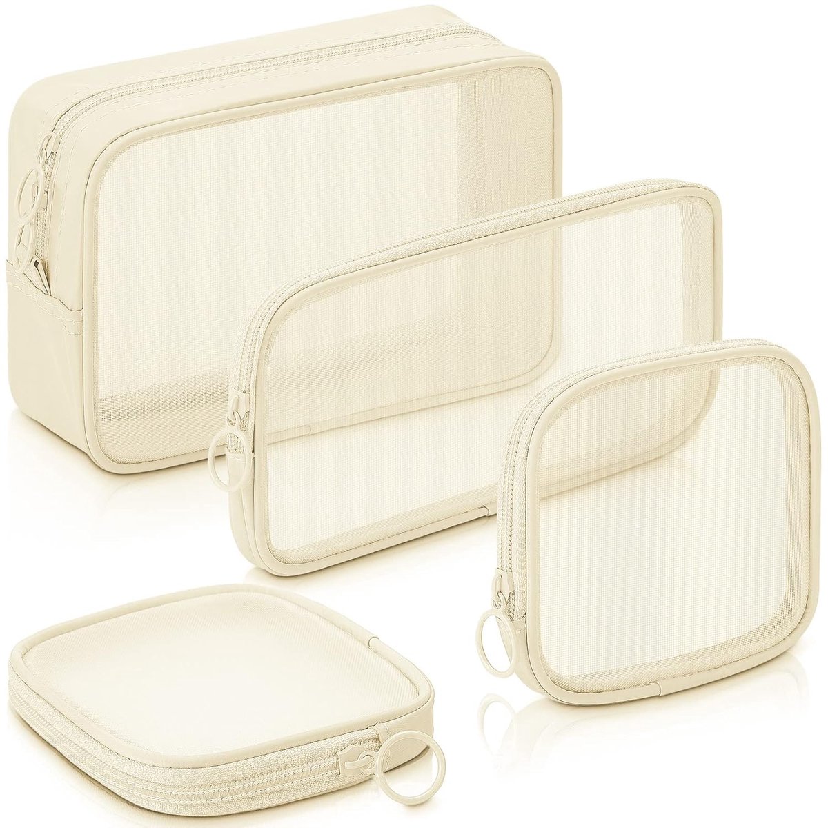 4 pieces - Cosmetic bag - Travel toiletry bag - Storage bag - mesh cosmetic bag - travel bag with zipper - mini makeup bag - for daily accessories - for travel and daily use - small, large, medium - beige - Image 1