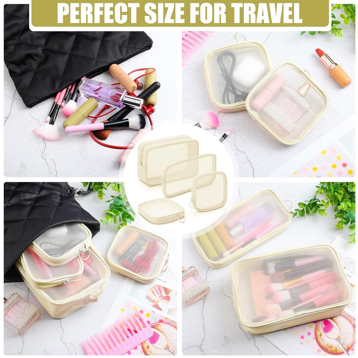 4 pieces - Cosmetic bag - Travel toiletry bag - Storage bag - mesh cosmetic bag - travel bag with zipper - mini makeup bag - for daily accessories - for travel and daily use - small, large, medium - beige - Image 3